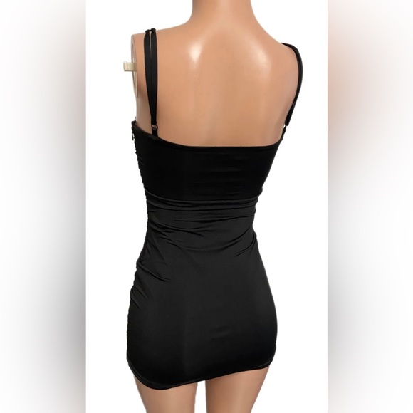 Sexy Black Zipper Ruffle Ruffled Lined Ruched Mini cleavage dress Glam party Y2K - Picture 3 of 3